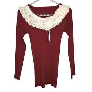 Romantic Ribbed Top Lace Collar Medium Y2k Coquette  Red French Girl Long Sleeve